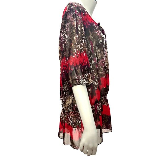 AGB XL Sheer Lace Tunic Red Black Snake Tie Neck Blouse Romantic Abstract Print - Picture 7 of 11